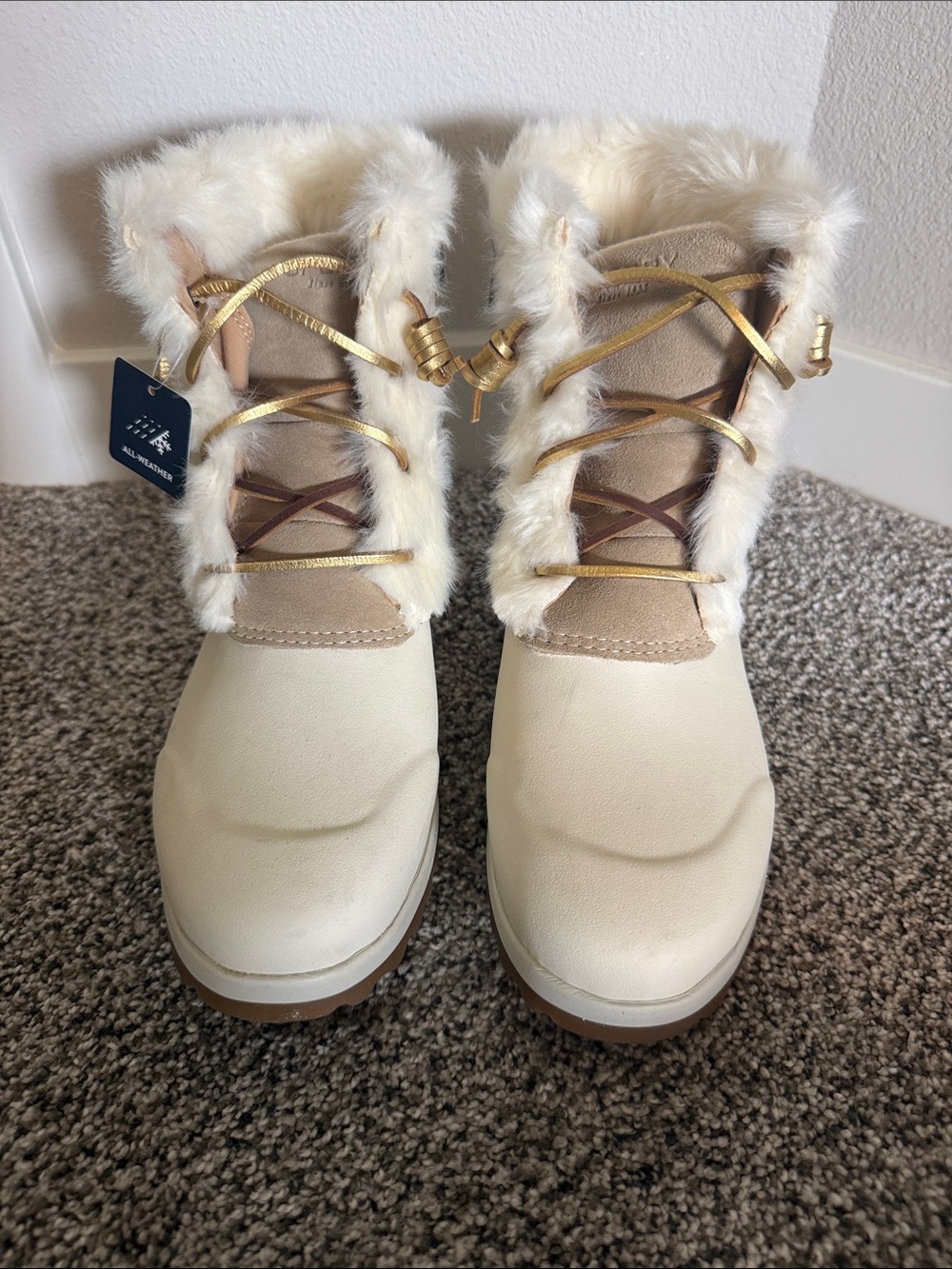 Sperry Ivory Faux-Fur Lace-Up Winter Boots with Gold Laces